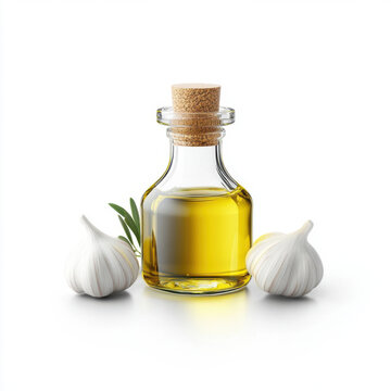 Close-up of a glass bottle filled with olive oil, surrounded by two garlic bulbs on a white background.