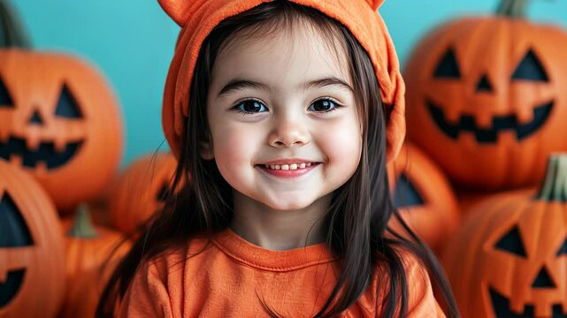 A smiling young child dressed in orange enjoys Halloween surrounded by cheerful, carved pumpkins in autumn