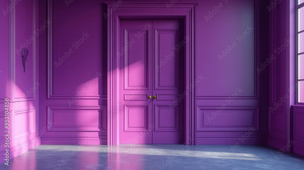 Poster 3d render of a half-open double door isolated on a violet background as an architectural or interior