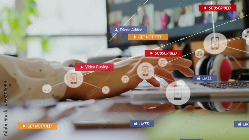 Poster social media notifications and interactions animation over person using computer