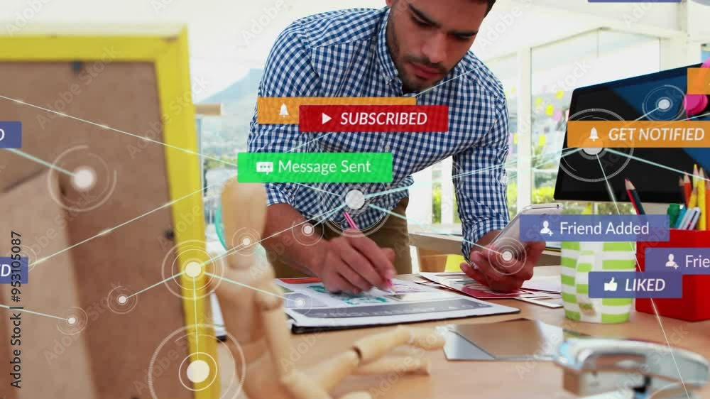 Aufkleber working at desk, man using smartphone with social media notifications animation over