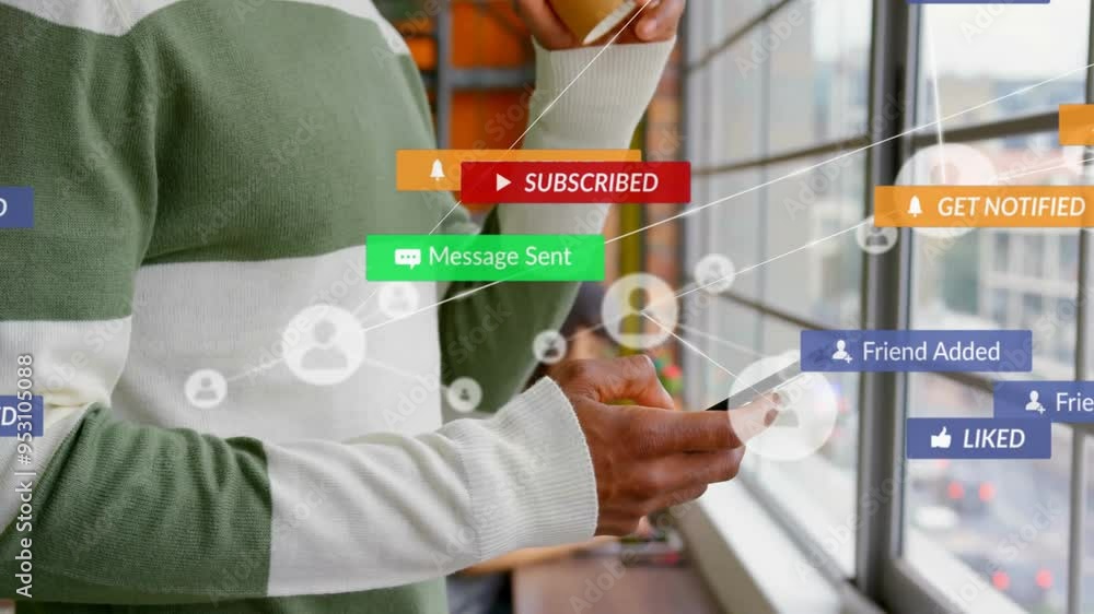 Poster holding smartphone, person receiving notifications animation and messages in digital interface