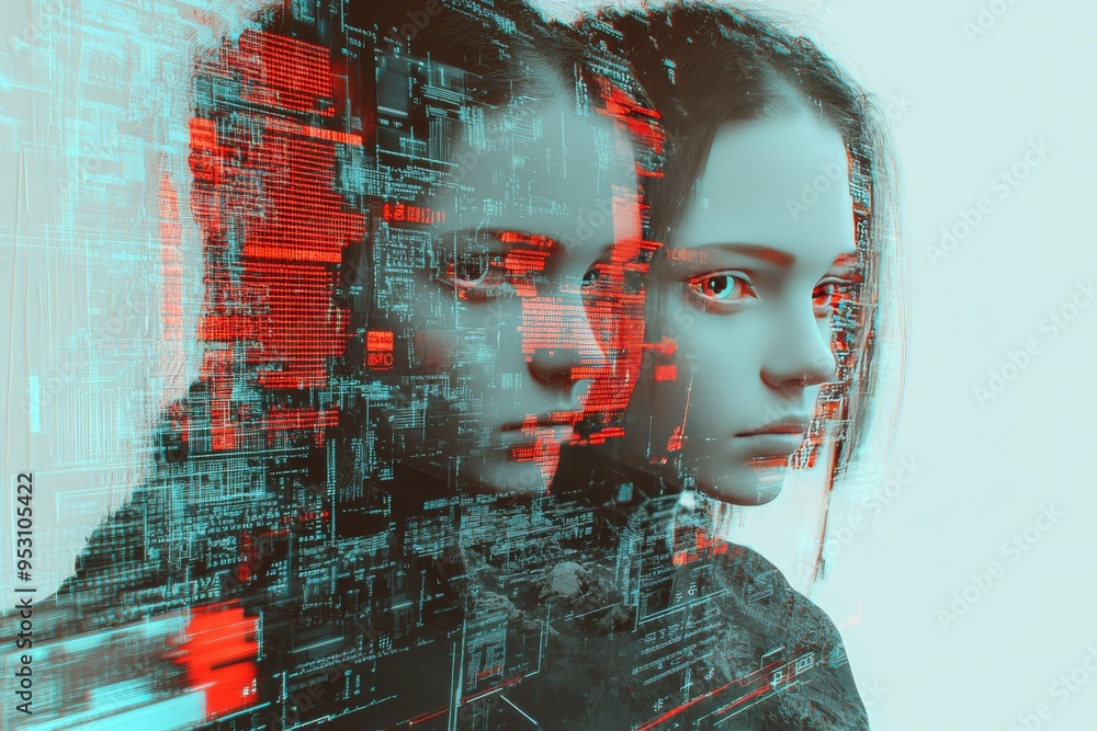 Aufkleber a woman’s face merging with digital patterns symbolizing the fusion of identity and technology in th
