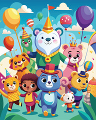 Naklejka premium Vector Illustration of a Cute Animal Parade with Balloons