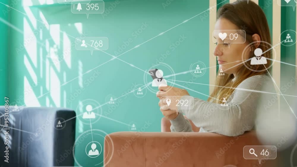 Poster Using smartphone, woman surrounded by social media notifications and connections  animation