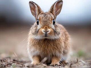 Fototapeta premium Adorable close-up of a young brown rabbit sitting on the ground with its ears perked up and a soft-focus background.