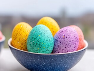 Obraz premium A vibrant collection of speckled Easter eggs in blue, yellow, green, and purple, beautifully arranged in a blue bowl with a soft-focus background.