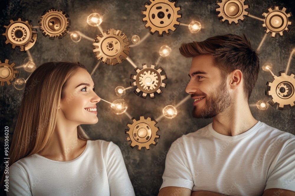 Poster a couple standing before a wall of gears symbolizing the mechanics of thought shared goals and the s