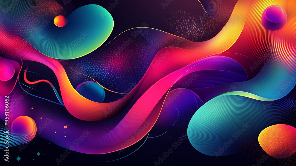 Poster vibrant abstract illustration featuring colorful curves and shapes against a dark background, creati