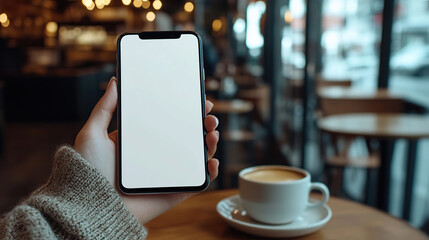 Woman holding a blank white screen mobile phone with a coffee cup at a cafe