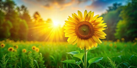 A bright canary yellow sunflower blooms in a lush green meadow, captured from a low angle, warm natural light, evoking feelings of joy, a realistic photo image.