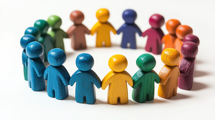 A circle of colorful wooden figures holding hands on a white background