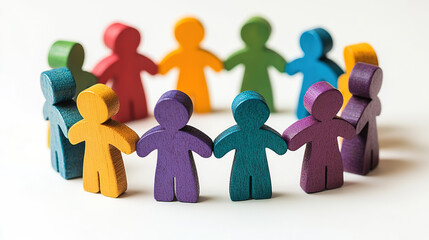A circle of colorful wooden figures holding hands on a white background
