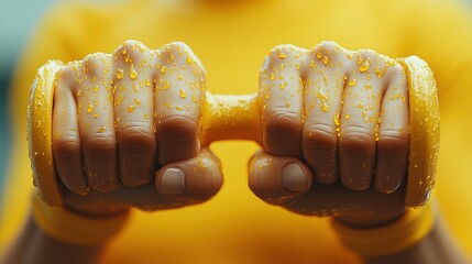 3D cartoon hands hold dumbbells isolated on a yellow background, flexible tangle, indoor fitness exercise routine, funny surrealistic clip art, sport motivation, physical activity at home.