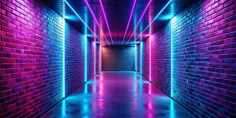 Empty corridor with brick walls illuminated by neon lights casting rays and a soft glow