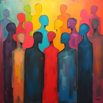 abstract painting showcasing diverse colorful figures representing unity and shared human experience