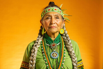 Obraz premium An elder Native American woman dressed in a green outfit with vibrant accessories, including a headband and beaded jewelry, standing against an orange background