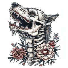 Werewolf head skeleton bones flower very simple traditional tattoo flash styles illustration