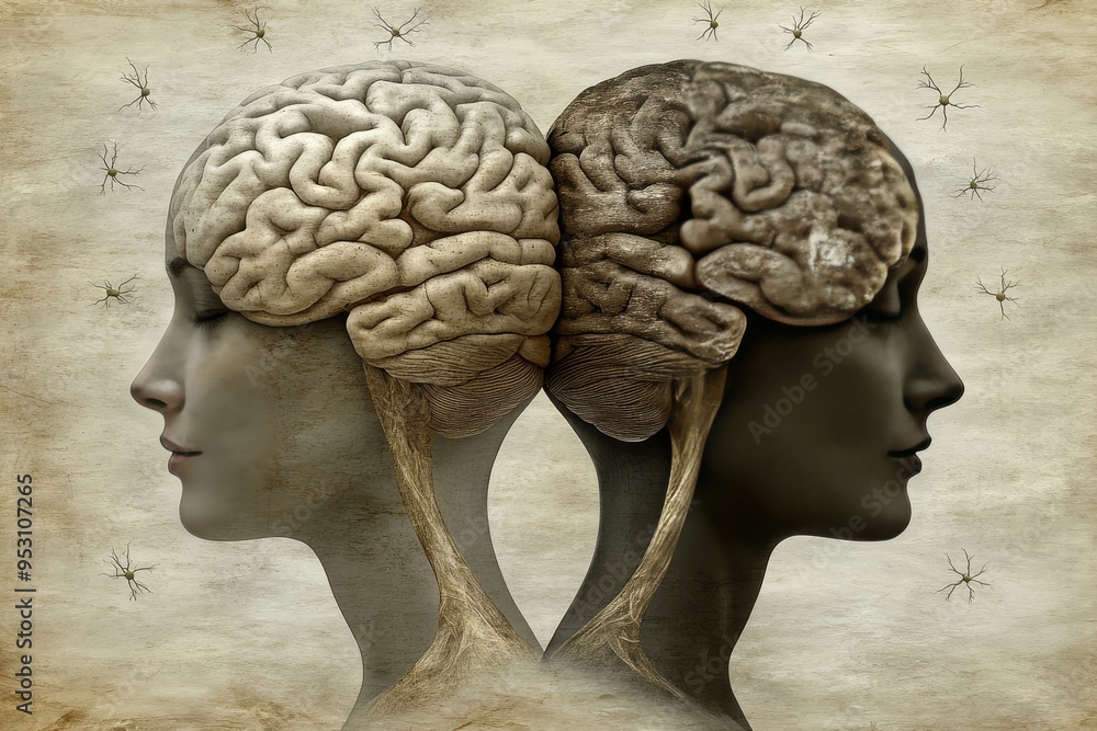 Poster two stone heads with interconnected brains symbolizing the timeless nature of thought and the enduri