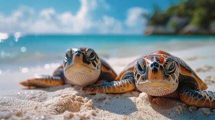 Obraz premium Turtle Paradise: Closeup of Cool Sunglasses-Wearing Reptiles Relaxing on a Tropical Beach for Fun Summer Vacation Photography Banner