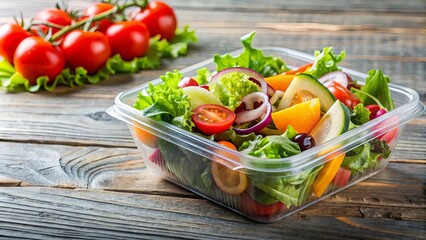Fresh salad to go in a takeout container, promoting healthy eating on the go