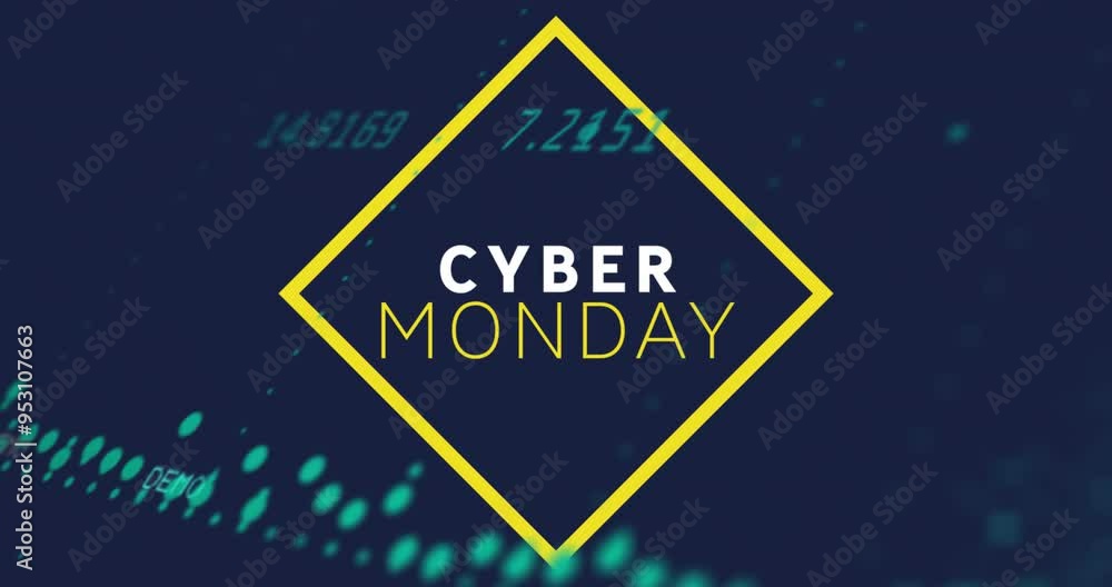 Aufkleber cyber monday text animation over digital data background with yellow diamond frame