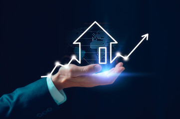 real estate investment concept man hand holding real estate growth graph property value new home...