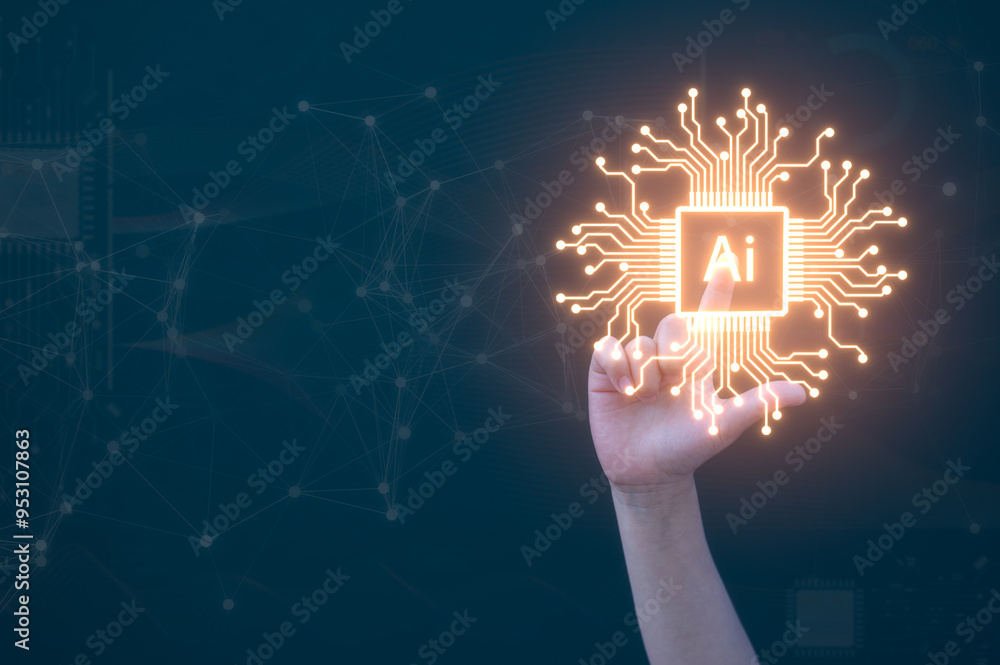 Poster artificial intelligence ai technology and digital transformation concept, ai focused in life kid han