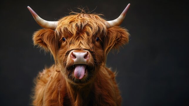 Cheeky Highland Cow with Tongue Out on Black Background - Funny Animal Background