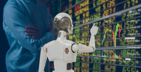 Data analysis Robot trading concept. businessman working with data charts with AI Robot represents use of artificial intelligence in trading investing. Digital transformation technology