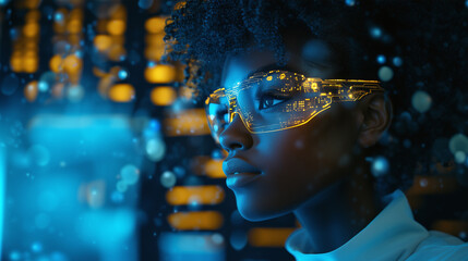 AI cyber security threat illustration, female african american IT specialist analysing futuristic holographic data information. Augmented reality artificial intelligence collage, side profil