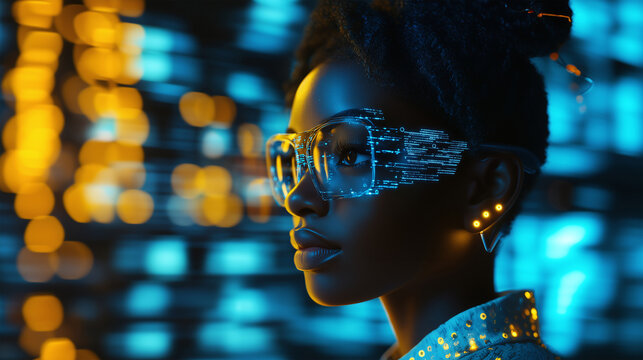 AI cyber security threat illustration, female african american IT specialist analysing futuristic holographic data information. Augmented reality artificial intelligence collage, side profil