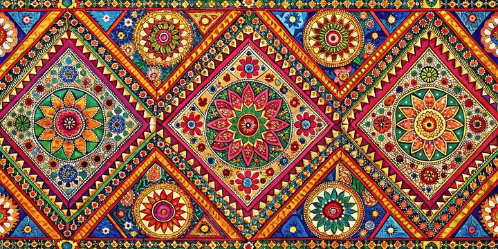 Colorful rajasthani miniature influenced tribal wallpaper with intricate geometric designs