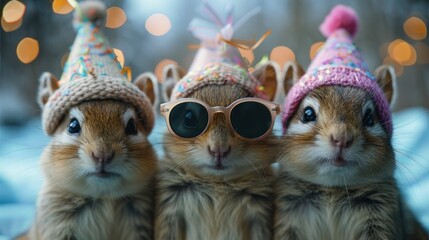 Festive Chipmunks with Party Hats and Confetti for Happy Birthday, Carnival, New Year's Eve, Sylvester, or Other Celebrations