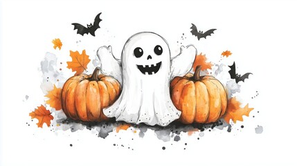 Playful Halloween Ghost Surrounded by Pumpkins and Bats