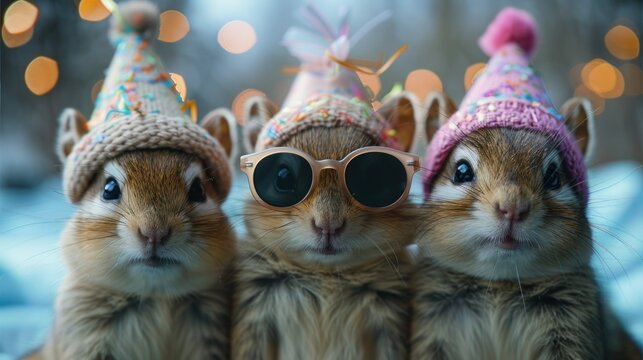 Festive Chipmunks with Party Hats and Confetti for Happy Birthday, Carnival, New Year's Eve, Sylvester, or Other Celebrations