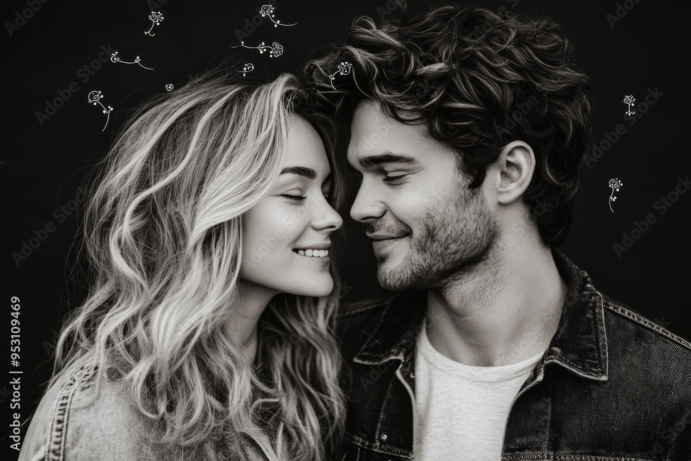 Poster a couple smiling with a connection of thoughts symbolizing intellectual harmony mutual understanding