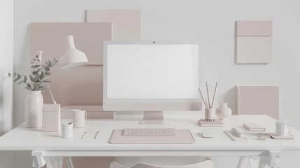 Monochromatic Pink Minimalist Desk Setup with Blank Screen