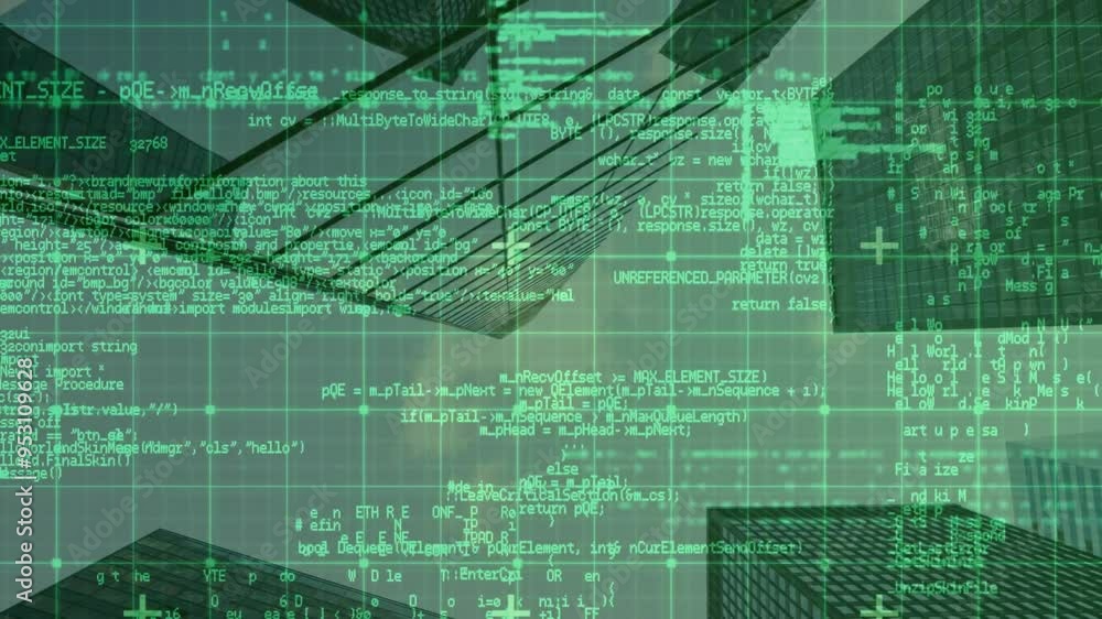 Poster data processing and computer code animation over city skyscrapers