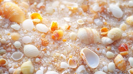 Obraz premium Macro view of wet sand with colorful pebbles and shells showcasing beach texture and natural patterns concept