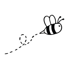 A simple black and white illustration of a flying bee with a dotted flight path.