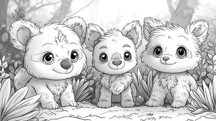 Obraz premium Forest Hide and Seek: Cute Cartoon Animals Playing in Vector Illustration for Coloring Book or Page