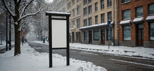 Mock up of a blank signboard on the street in winter