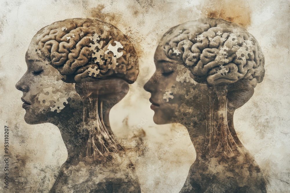 Poster two stone figures with brain imagery symbolizing the enduring nature of knowledge the timelessness o