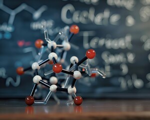 Complex molecular model with blackboard background showcasing advanced chemistry and scientific research concept in laboratory setting