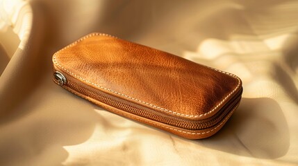 Naklejka premium Closed leather wallet on beige surface with soft lighting showcasing personal finance and accessory concept