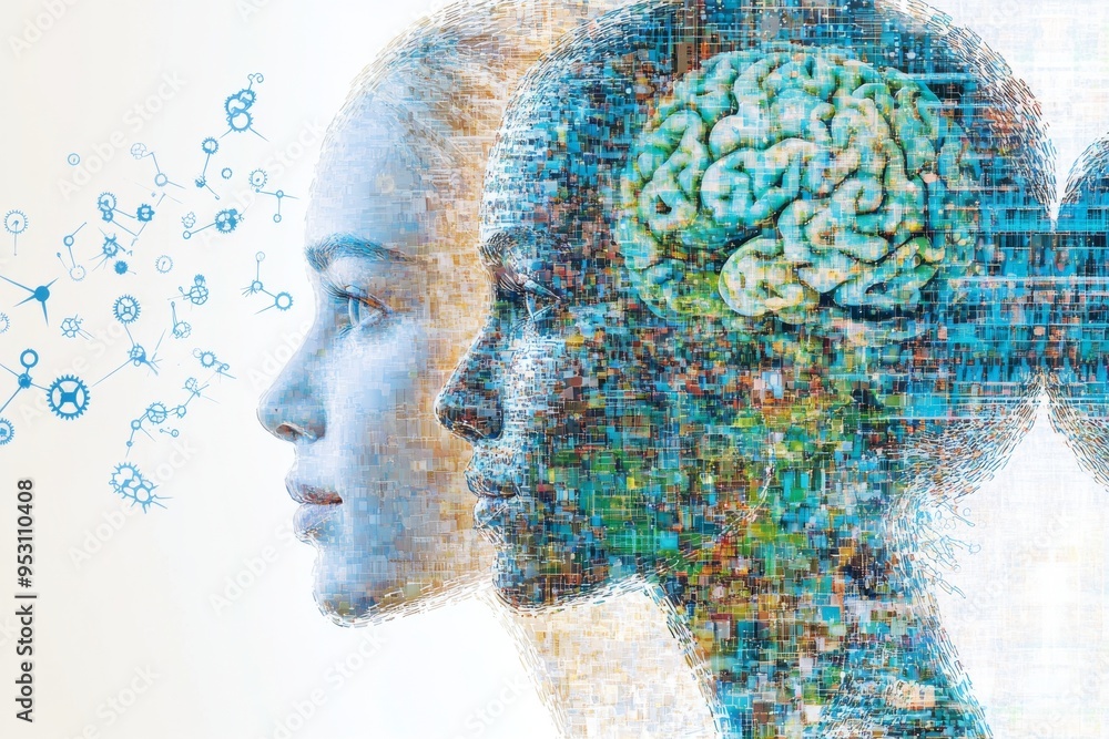Poster a female profile with brain imagery and digital particles symbolizing the integration of technology 