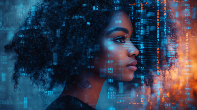 A close up of the face outline of an African American female AI profile, a digital interface covered with binary code and technical image, the subject of AI cybersecurity threat