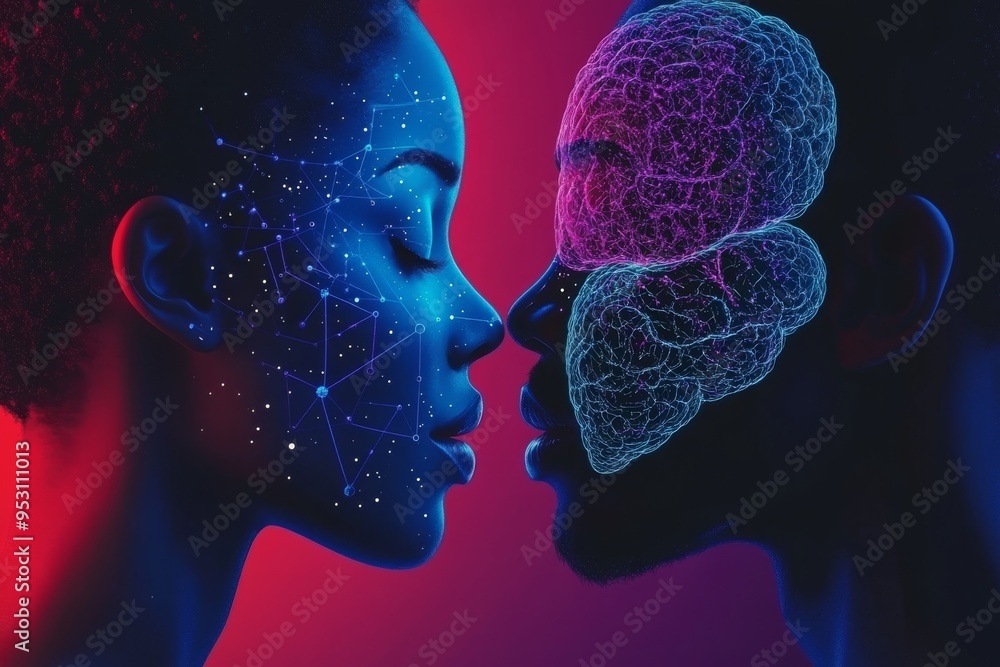 Poster two faces with vibrant brain imagery in a cosmic background symbolizing the expansiveness of thought