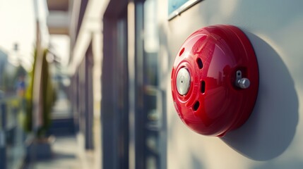 Red Fire Alarm Bell on Building Exterior